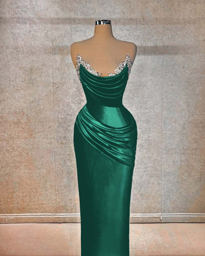 Red Sleeveless Strapless Mermaid Pleated Beads Prom Dress