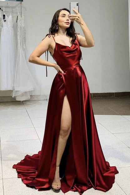 Simple Spaghetti Strap Prom Dress With Slit Open Back