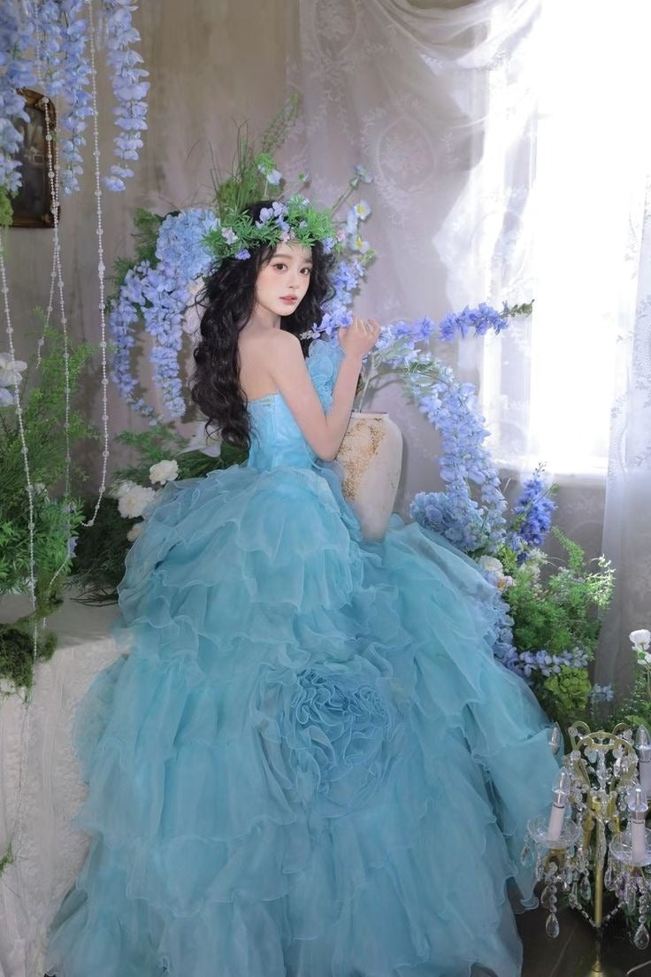 Princess Ball Gown Strapless Tiered Flower Blue Tulle Party Dress Birthday Dress SH2863