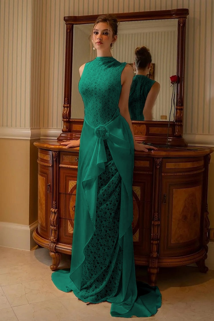 High Neck Sleeveless Mermaid Evening Dress With Lace Embroidery
