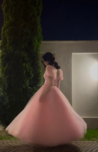 Pretty A Line Short Sleeves Pink Tulle Long Prom Dresses Formal Evening Dress SD1415