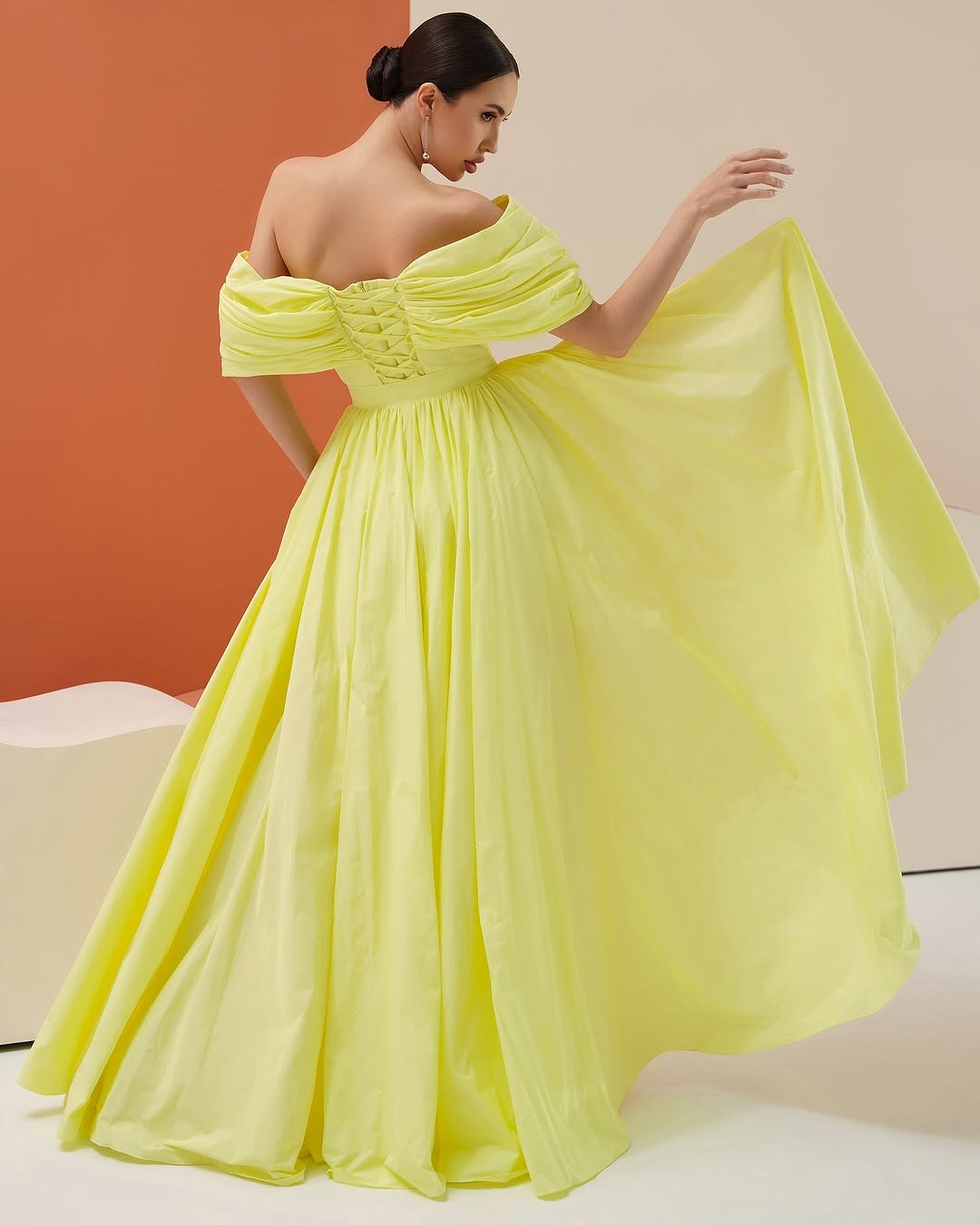 Glamorous Orange Satin Off the Shoulder Strapless Prom Dress with Detachable Train