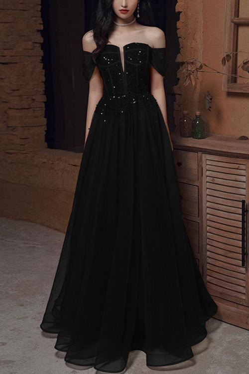 Wine Red Off-The-Shoulder Evening Dress With Sequins Beads