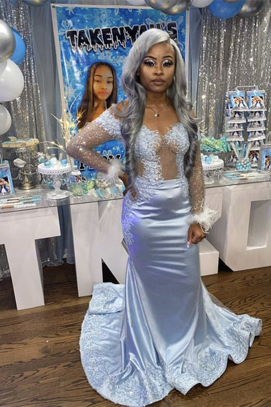 Long Sheer Sleeves Mermaid Prom Dress Trumpet With Appliques Feathers