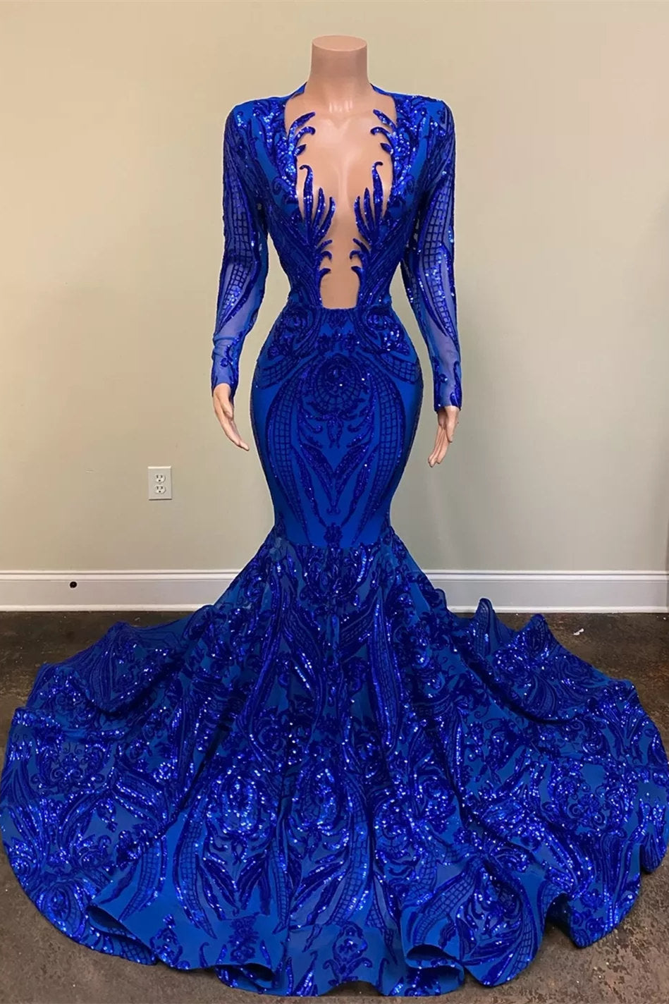 Mermaid Royal Blue Sequins Prom Dress Long Sleeves