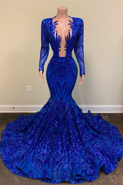 Mermaid Royal Blue Sequins Prom Dress Long Sleeves