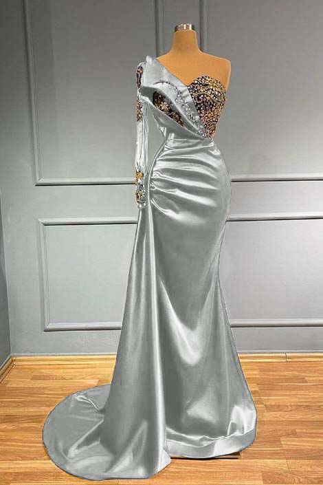 Dark Blue Long Sleeve One Shoulder Mermaid Prom Dress With beads