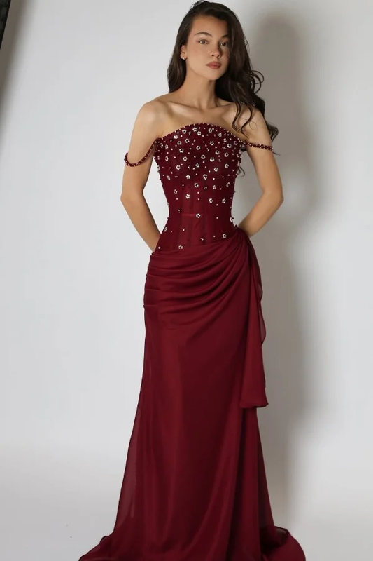 Burgundy Spaghetti Strap Prom Dress Mermaid Split with Rhinestone