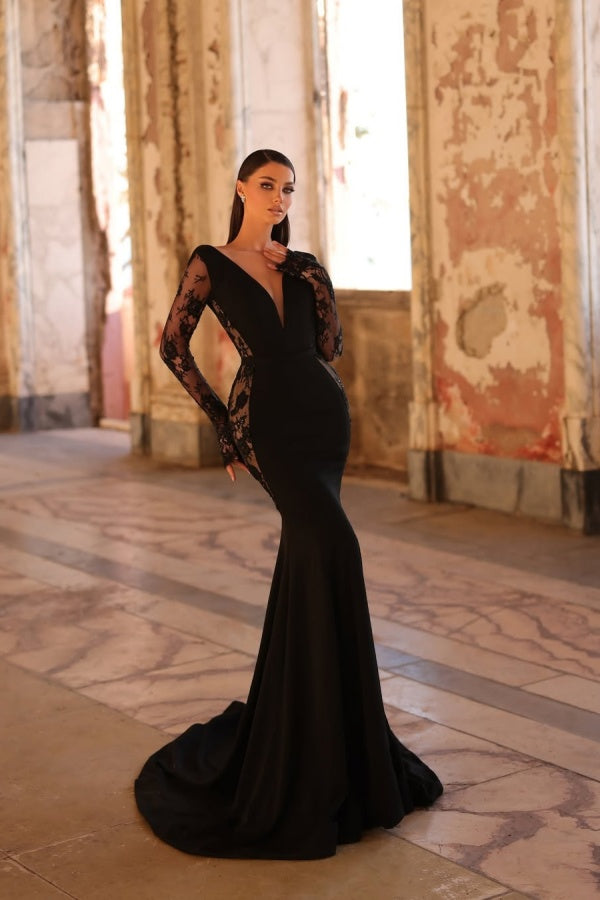 Black V-Neck Long Mermaid prom dress with Long sleeves