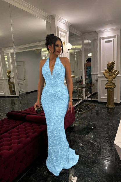 Sleeveless Halter Straps Deep V-Neck Beads Mermaid Prom Dress With Pleated