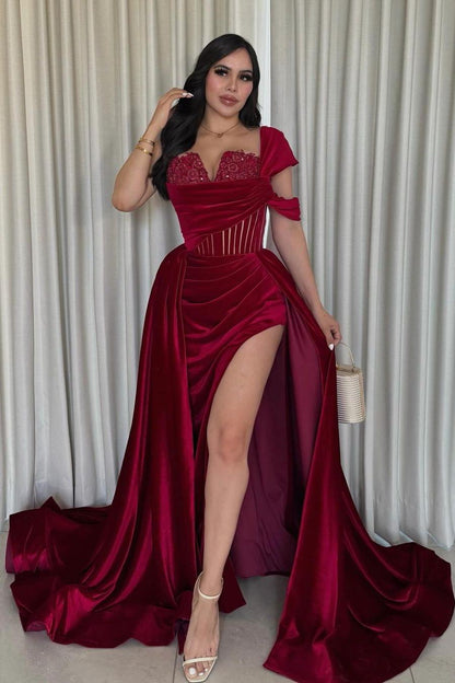 Glamorous Velvet One Shoulder Sleeveless Long Pleated Prom Dress with Split