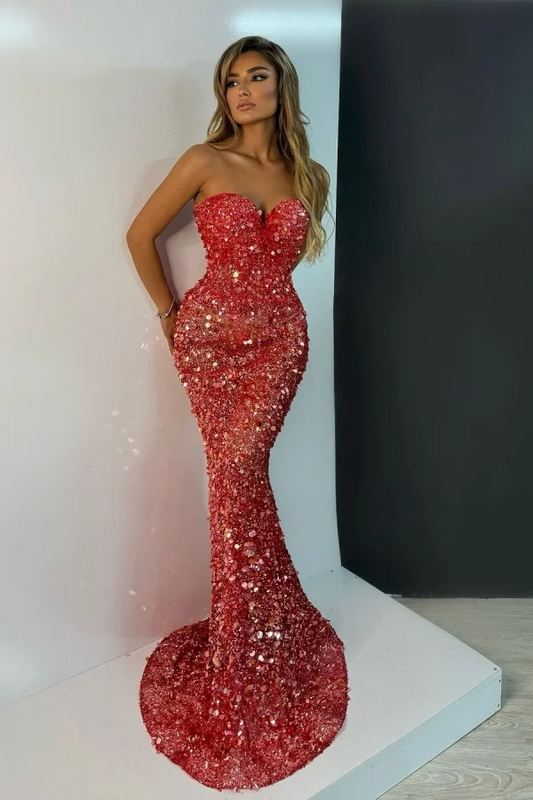Charming Red Big Sequins Strapless Mermaid Prom Dress