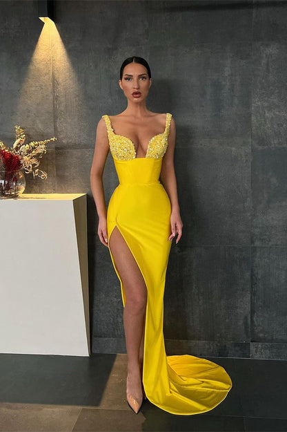 Mermaid Yellow Sequins Straps Prom Dress With Slit