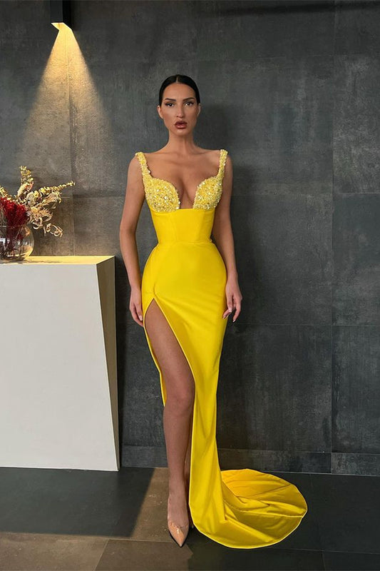Mermaid Yellow Sequins Straps Prom Dress With Slit