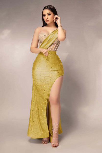 Shinning Mint Satin Sleeveless Sweetheart Beadings Prom Dress with High Split