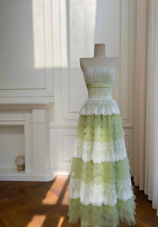 Gentle A Line Strapless Tiered White Lace Green Tulle Long Party Dress Evening Dress SH2827