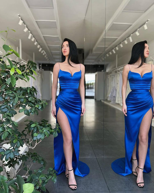 Spaghetti Strap Royal Blue Mermaid Evening Dress With Slit