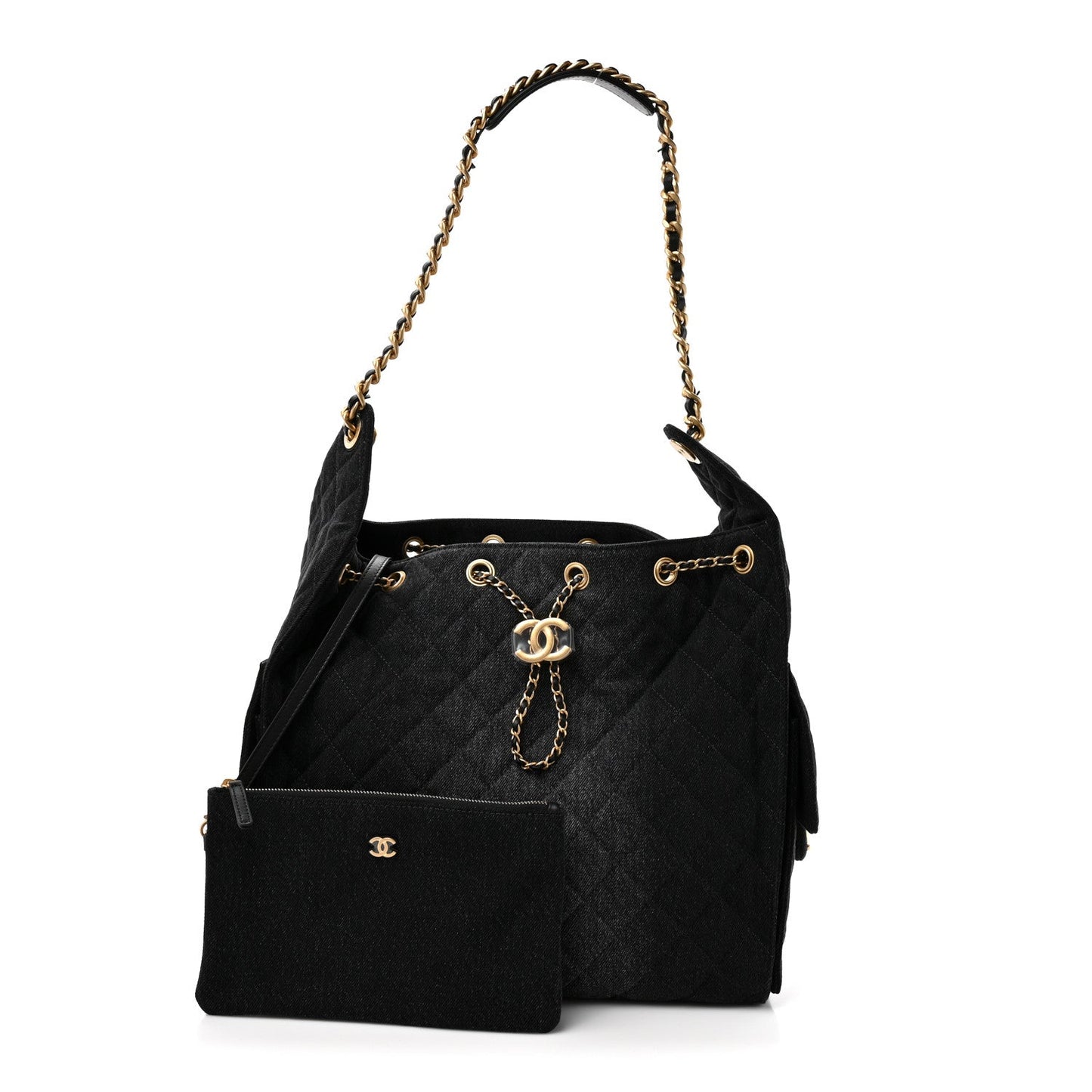 Washed Denim Quilted Medium Chanel 25 Handbag Black