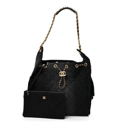Washed Denim Quilted Medium Chanel 25 Handbag Black