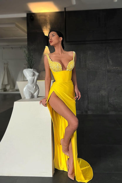 Mermaid Yellow Sequins Straps Prom Dress With Slit