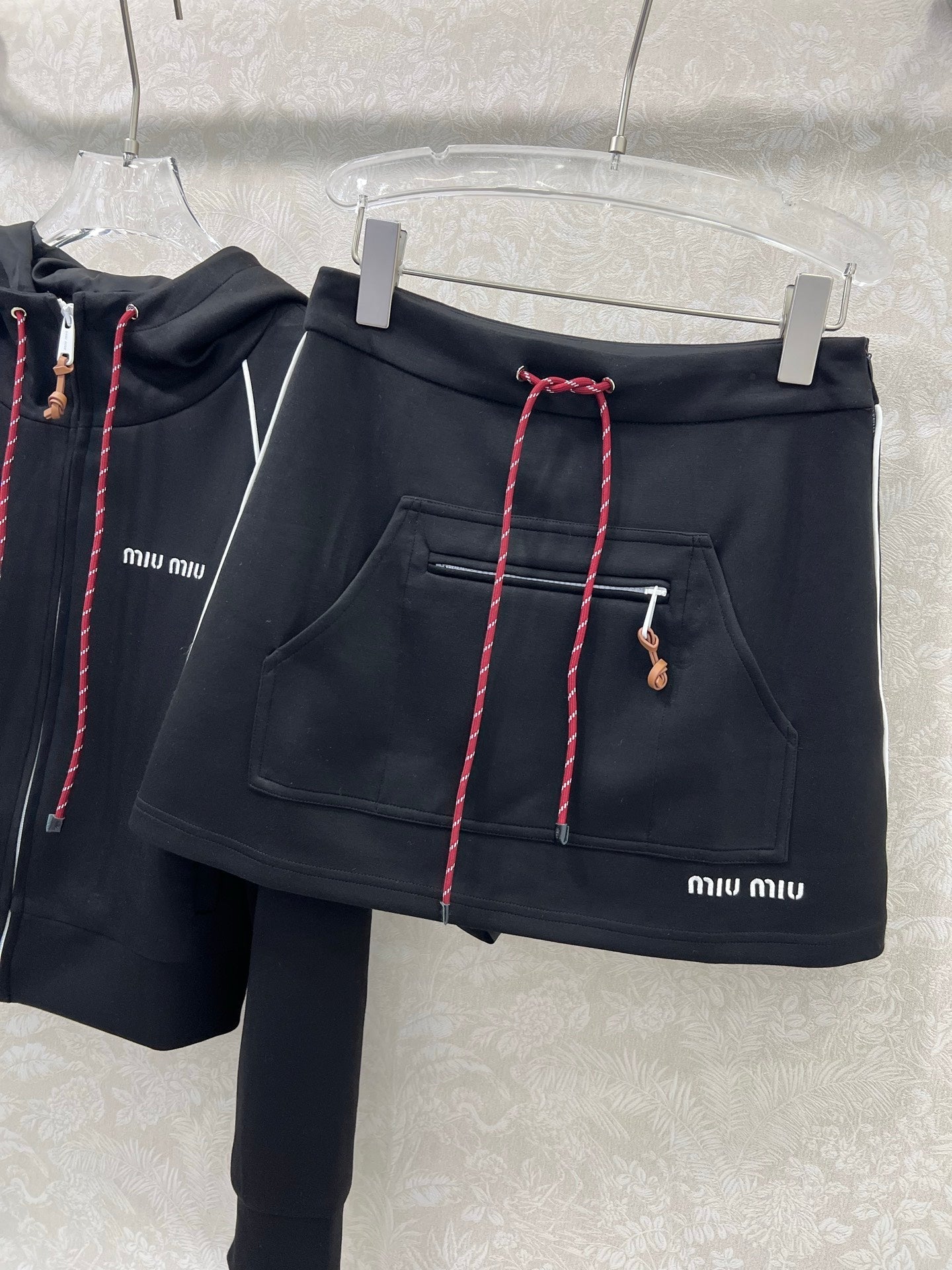 Miumiu Hooded Jacket and Skirt Set Black Cotton