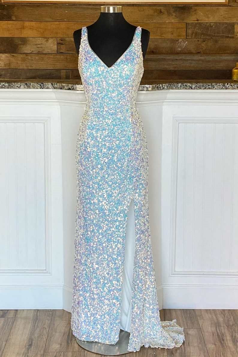 Sparkle Mermaid Evening Dress Slit Spaghetti-Straps With Sequins