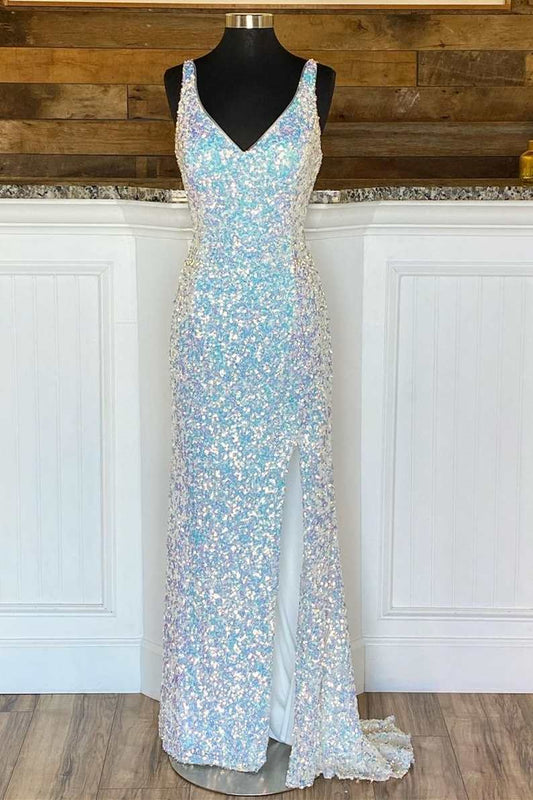 Sparkle Mermaid Evening Dress Slit Spaghetti-Straps With Sequins