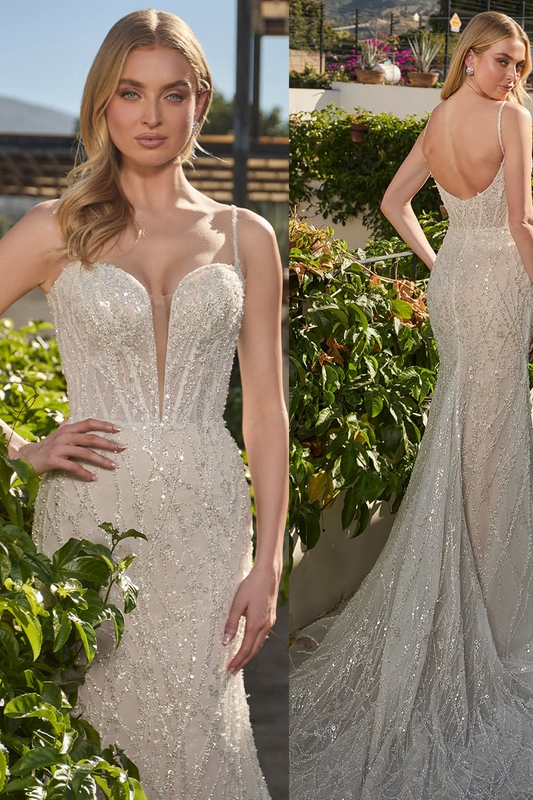 Sleeveless Spaghetti Straps Deep V-Neck Mermaid Beads Embroidery Prom Dress