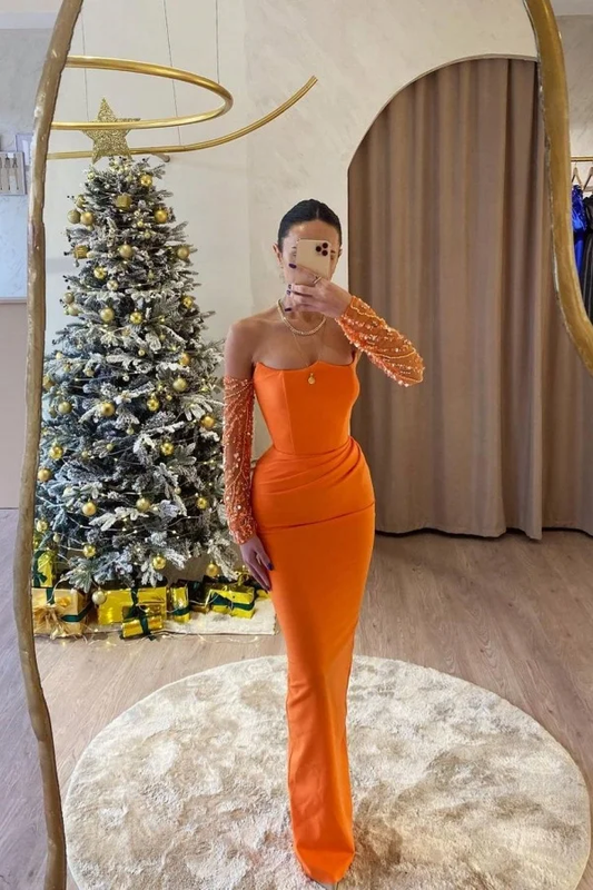 Orange Slim Fit Strapless Prom Dress With Sheer Beaded Sleeves