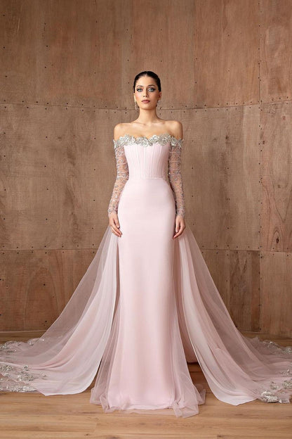 Charming Pink Satin Off the Shoulder Long Sleeves Long Prom Dress with Beadings