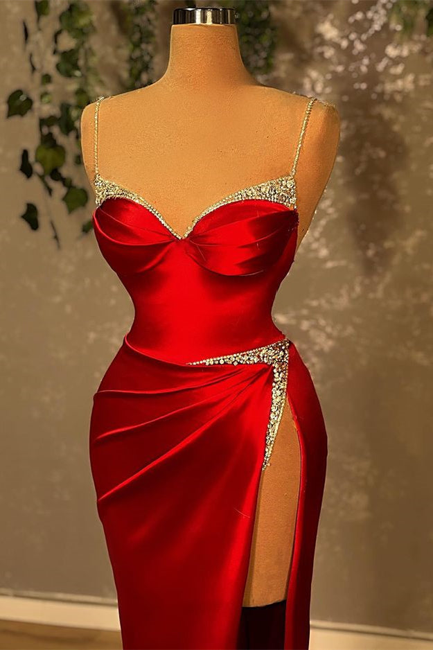Spaghetti-Straps Beadings Burgundy Mermaid Prom Dress With Slit