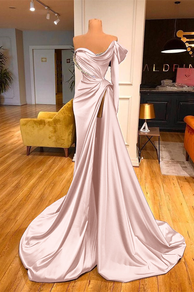 One-Shoulder Purple Long Sleeves Beadings Evening Dress Split Mermaid