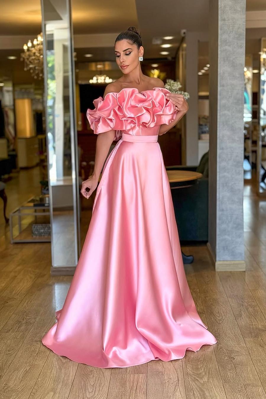 Glamorous Blushiing Pink Satin Off the Shoulder Strapless Long Prom Dress with Pleated