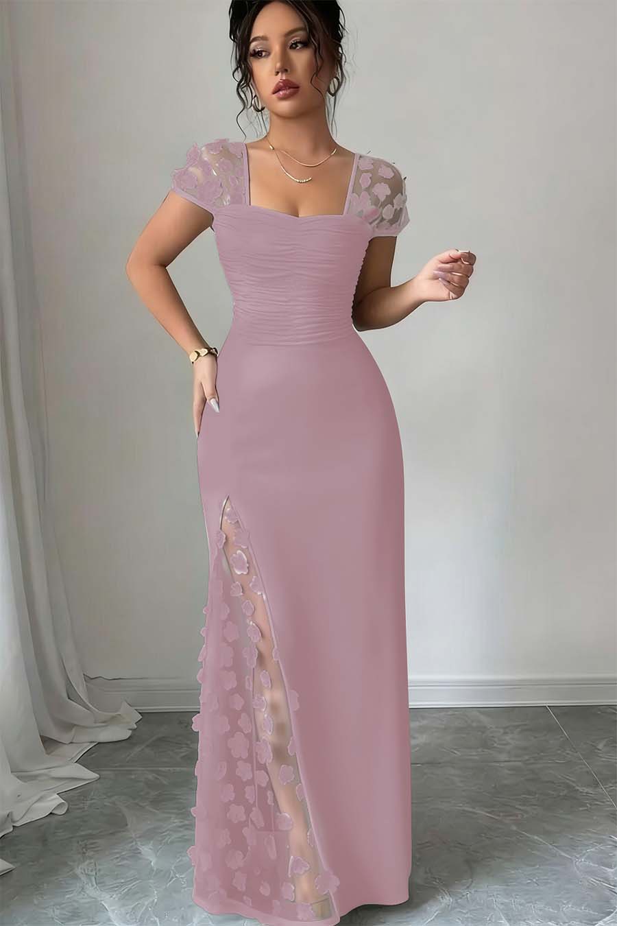 Glamorous Black Satin Applique Square Neck Pleated Prom Dress with Split