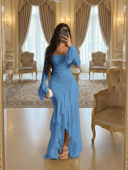 Elegant Cream Square Long Sleeves Ruffles Lace Evening Dress