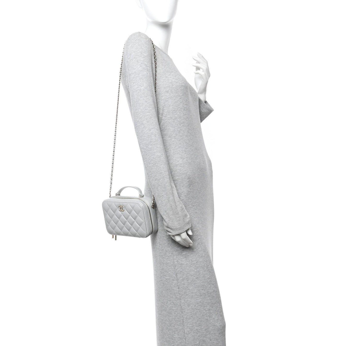 Metallic Lambskin Quilted Top Handle Vanity Case Silver