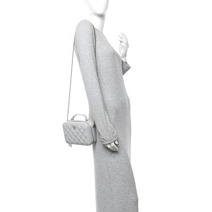 Metallic Lambskin Quilted Top Handle Vanity Case Silver