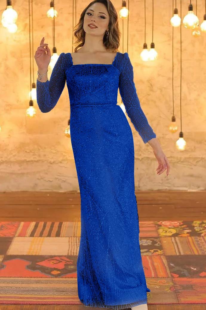 Luxurious Long Sleeves Square Long Evening Dress With Beading