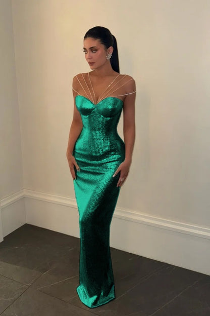 Sparkly Silver Off-the-Shoulder Evening Dress Sleeveless With Sequins
