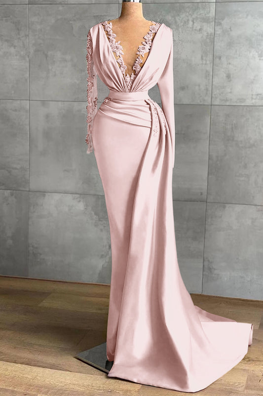 Lavender V Neck Ruffles Prom Dress Applique Mermaid With Long Sleeves
