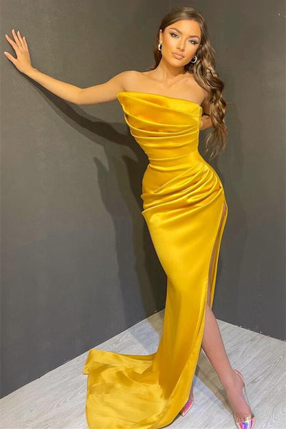 Sleeveless Mermaid Split Prom Dress With Strapless On Sale Yellow Elegant