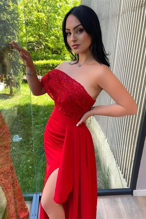 One Shoulder Sequins Strapless Red Split Mermaid Prom Dress With Lace Appliques