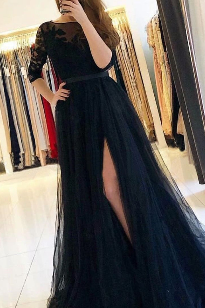 Long Sleeves A-Line Prom Dress Slit With Lace