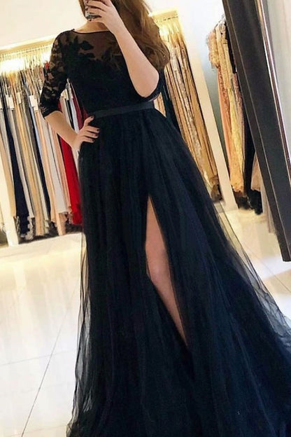 Long Sleeves A-Line Prom Dress Slit With Lace