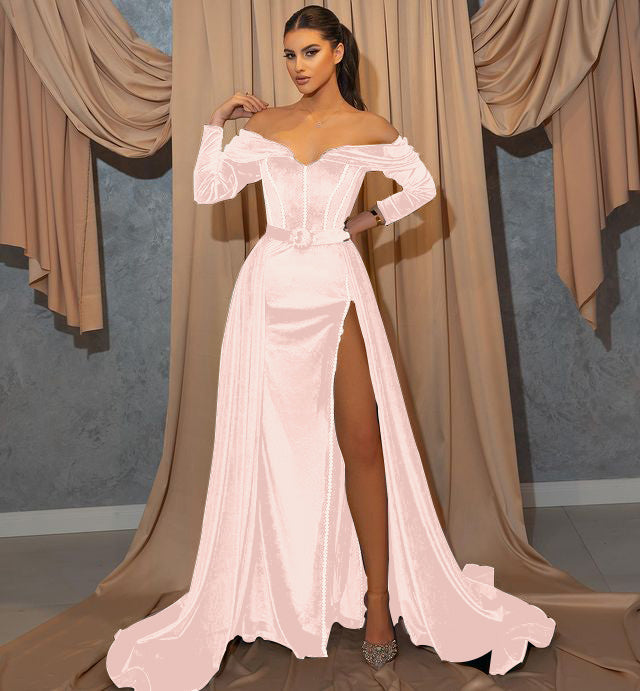 Dark Green Front Split Mermaid Sweetheart Prom Dress With Belts Long Sleeves