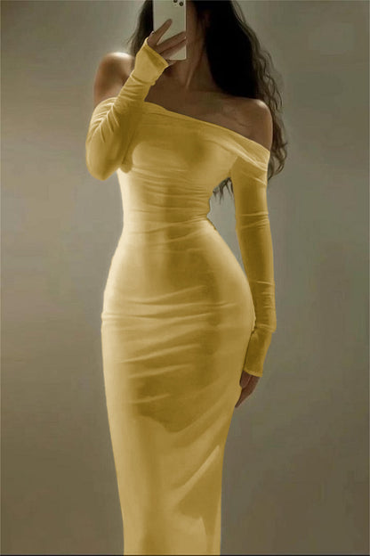 Chic Satin Ivory Long Sleeves Off the Shoulder Long Prom Dress with Pleated