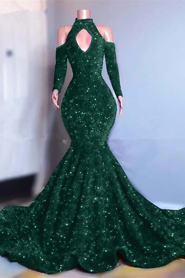 Long Sleeves Royal Blue High Collar Mermaid Long Prom Dress With Sequins