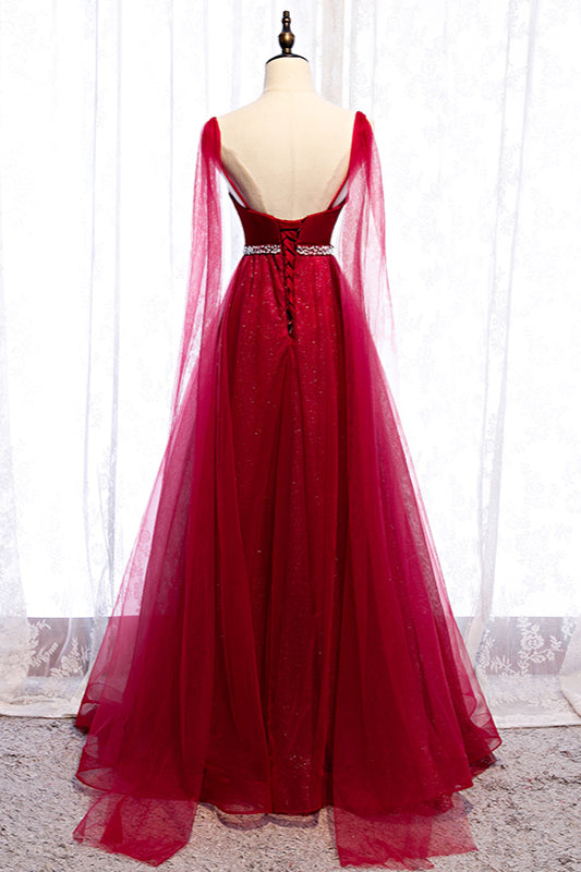 Burgundy Spagetti-Strap Sleeveless Prom Dress Tulle Ruffles with Beadings