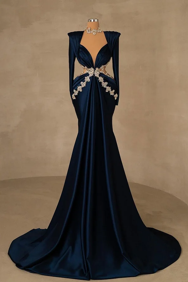 Long Sleeves Deep V-Neck Mermaid Beadeds Prom Dress