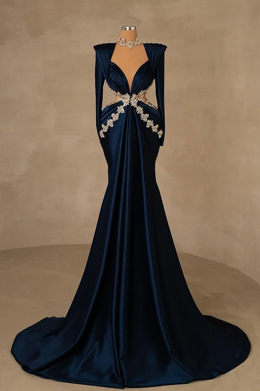 Long Sleeves Deep V-Neck Mermaid Beadeds Prom Dress